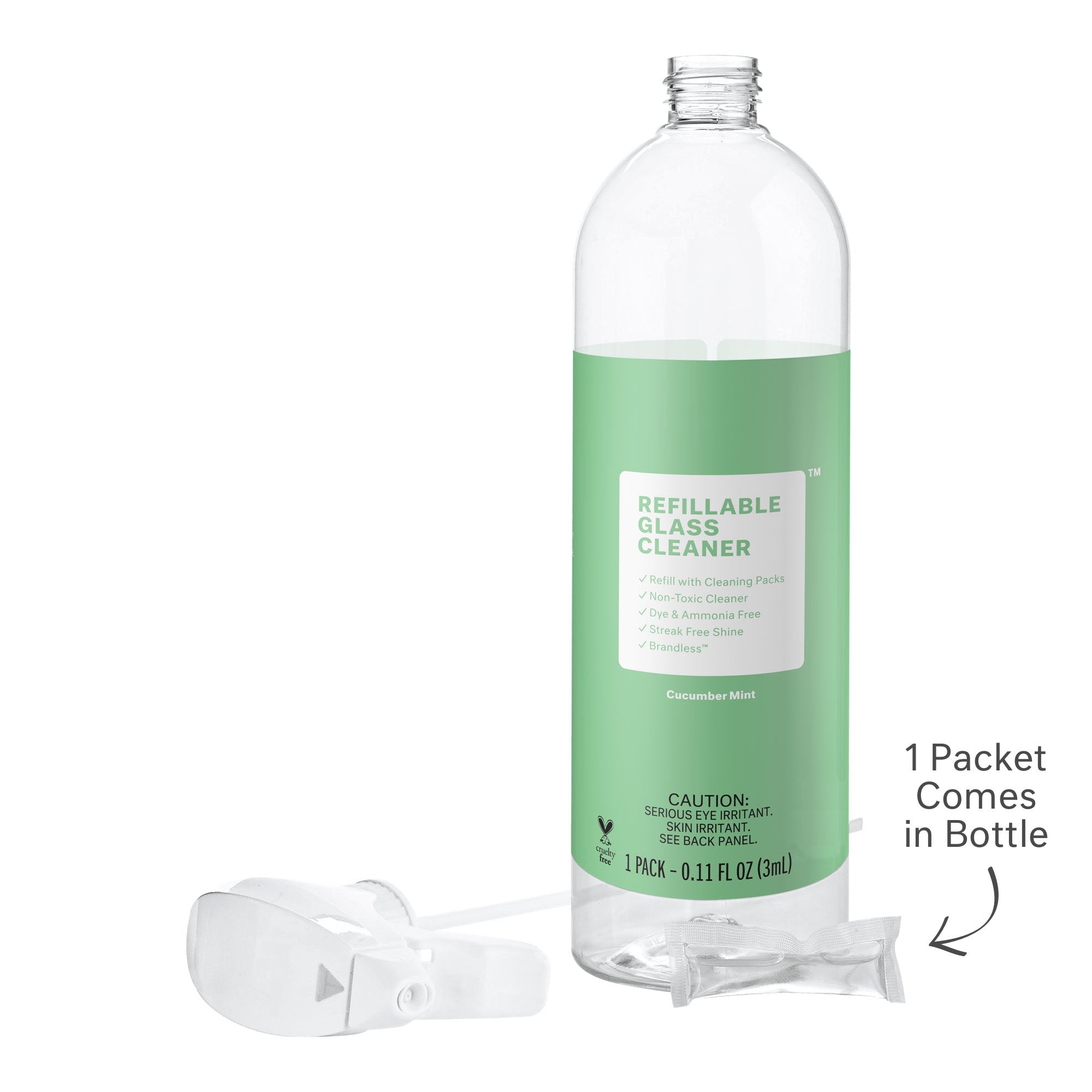 Cucumber mint spray bottle front view with visual of refill packet