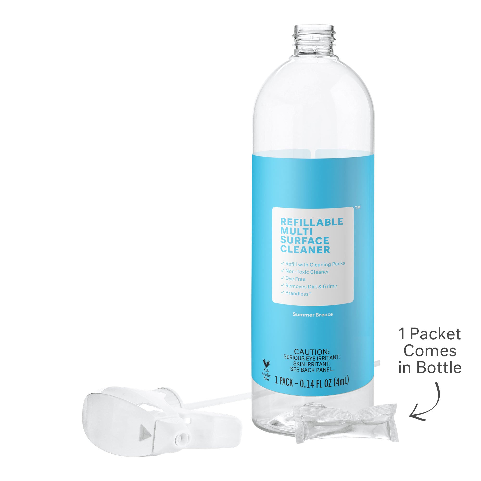 Multi surface cleaner bottle front view with visual of refill packet