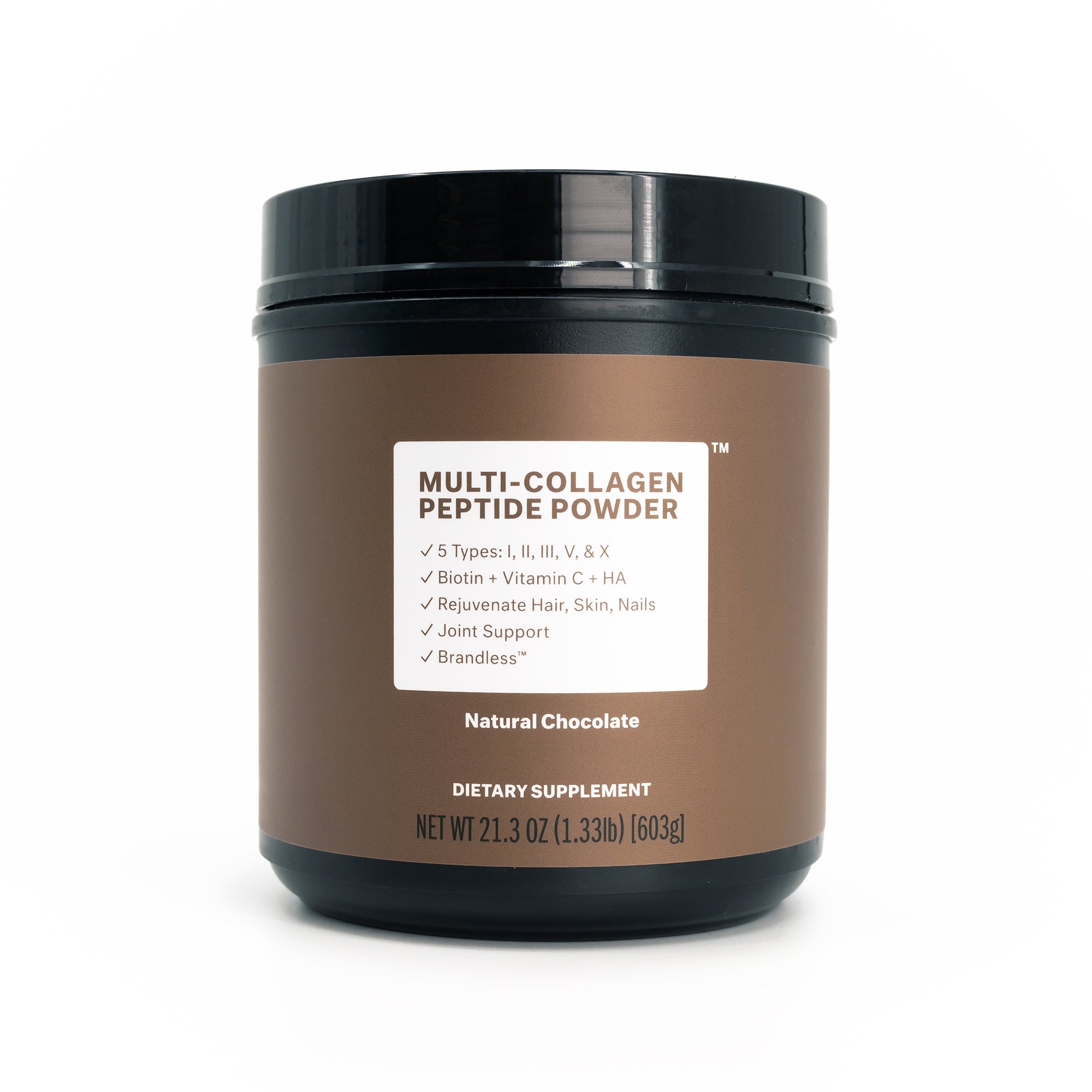 Product photo, multi-collagen peptide powder, natural chocolate, front of tub.  5 types of collagen peptides: I, II, III, V, and X.  Biotin + Vitamin C + HA.  Rejuvinate Hair, Skin, and Nails.  Joint Support.  brandless.  Natural chocolate.  Dietary supplement. Net weight 21.3 oz. (1.33lb) [603g]
