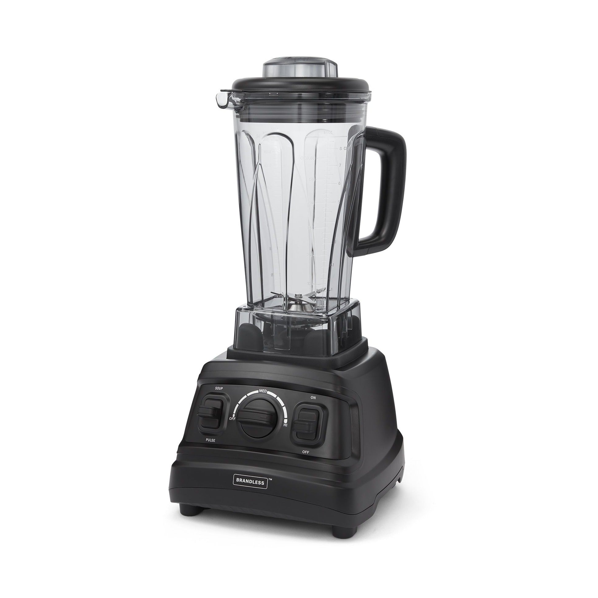 Pro-Blender.  Product photo of front of blender, showing the transparent Tritan 64 oz. carafe on top of the black motor base.  Front controls include an on/off switch, a soup/pulse switch, and a rotary speed dial.
