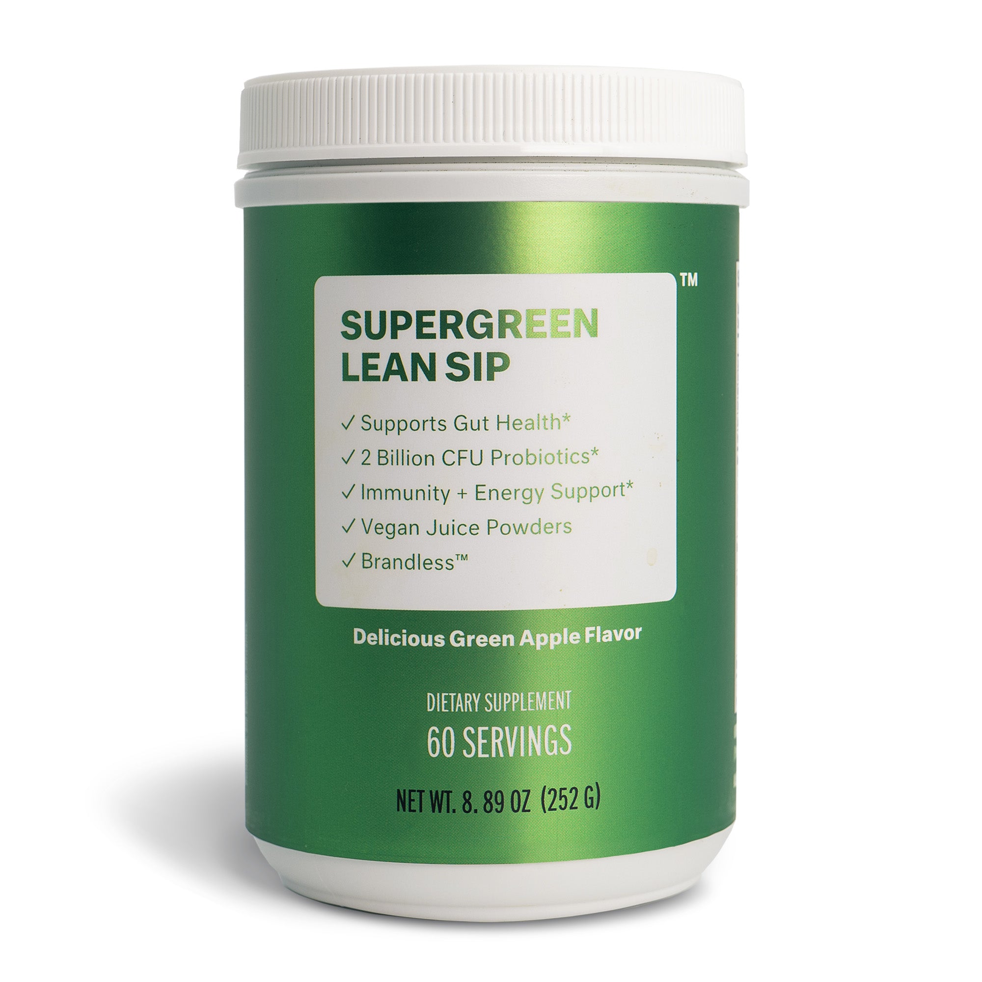 Front, Supergreen Lean Sip drink mix. Supports gut health. 60 servings, 8.89oz (252g)