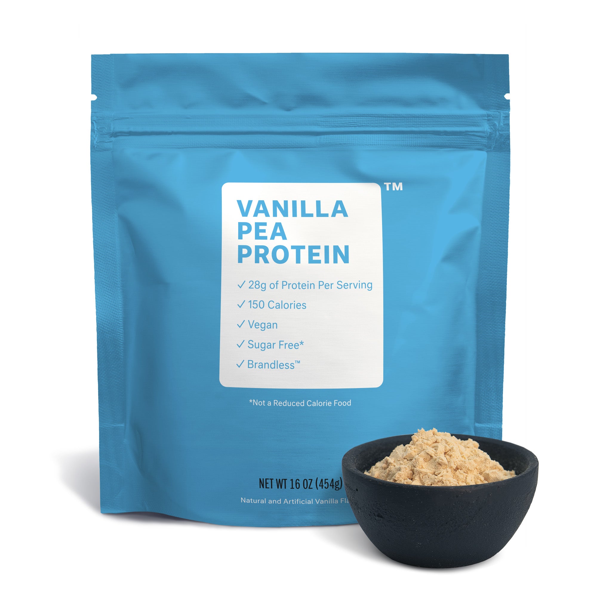 Vanilla pea protein. 28g protein per serving. Front of bag with bowl showing the powder.