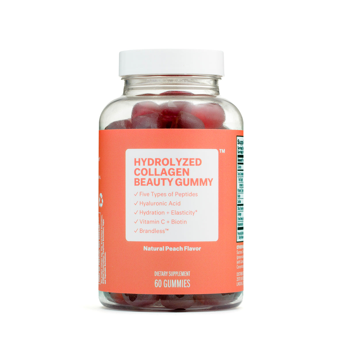 Hydrolyzed collagen beauty gummy. Five types of peptides. Hyaluronic acid. Hydration + Elasticity*. Vitamin C + Biotin. Brandless. Natural peach flavor. Dietary supplement. 60 gummies. Bottle front.