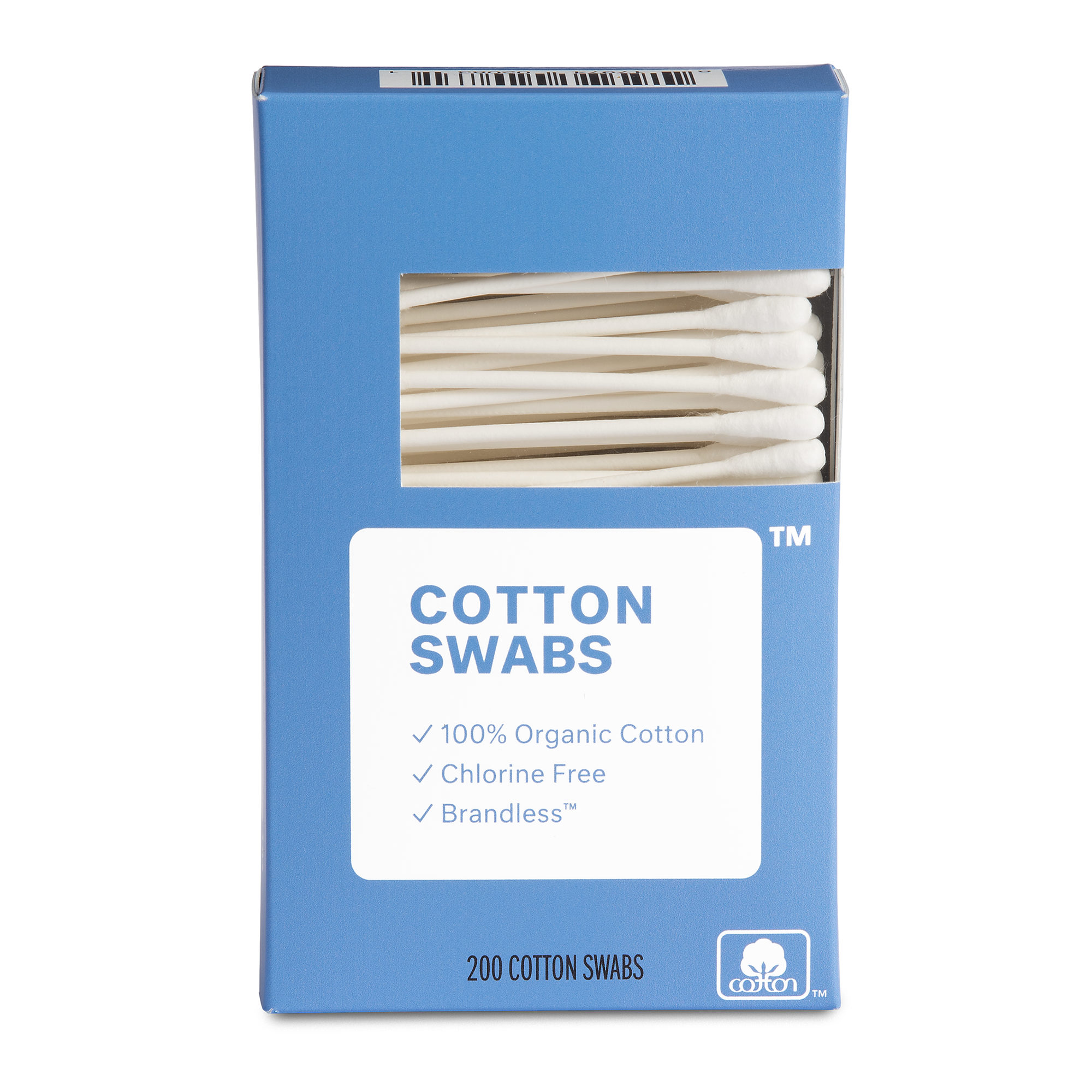 Cotton Swabs. 100% organic cotton. double tipped. chlorine bleach free. hypoallergenic. Brandless. 200 Cotton Swabs.