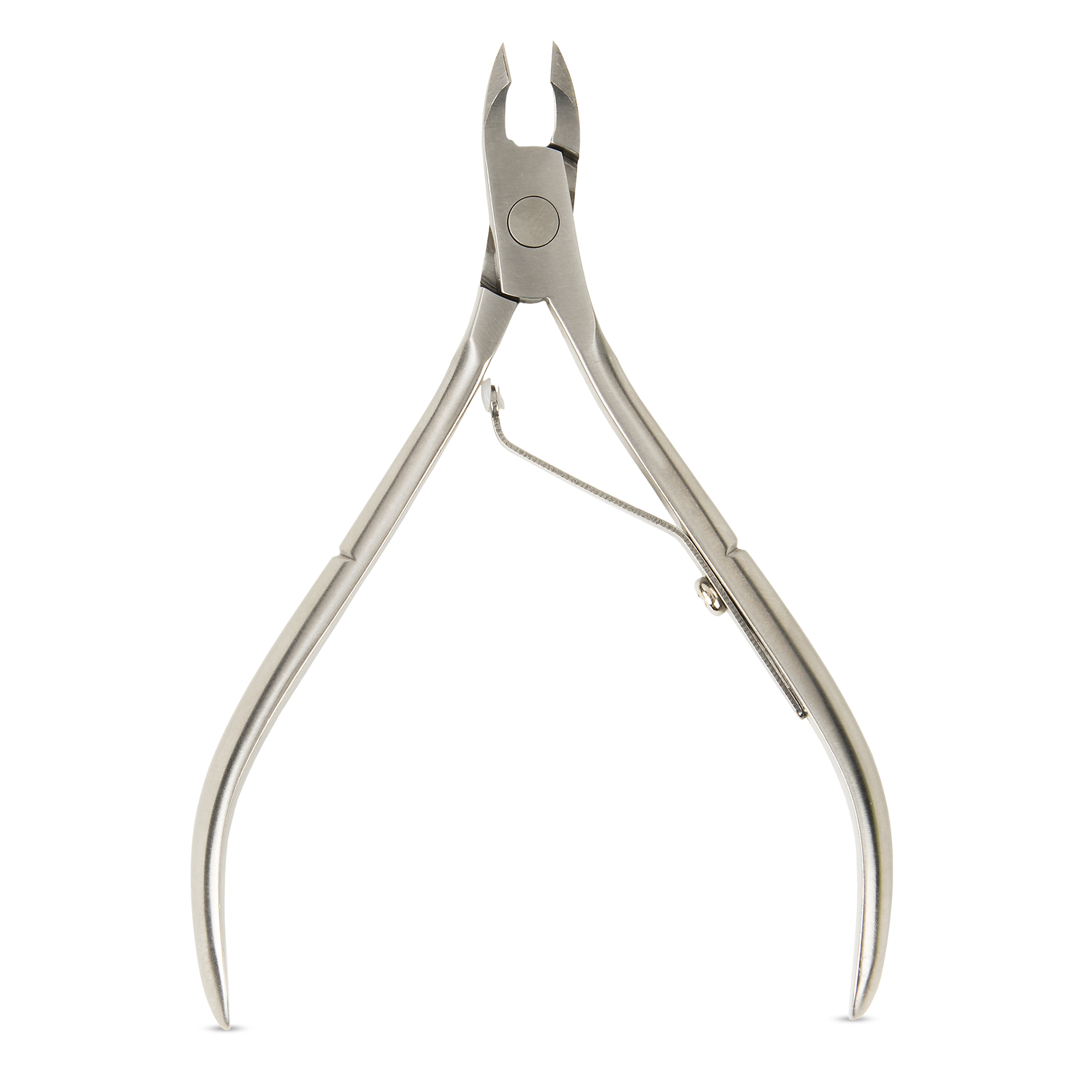 Front view, cuticle nipper with small powerful jaws and spring loaded easy-grip handles.