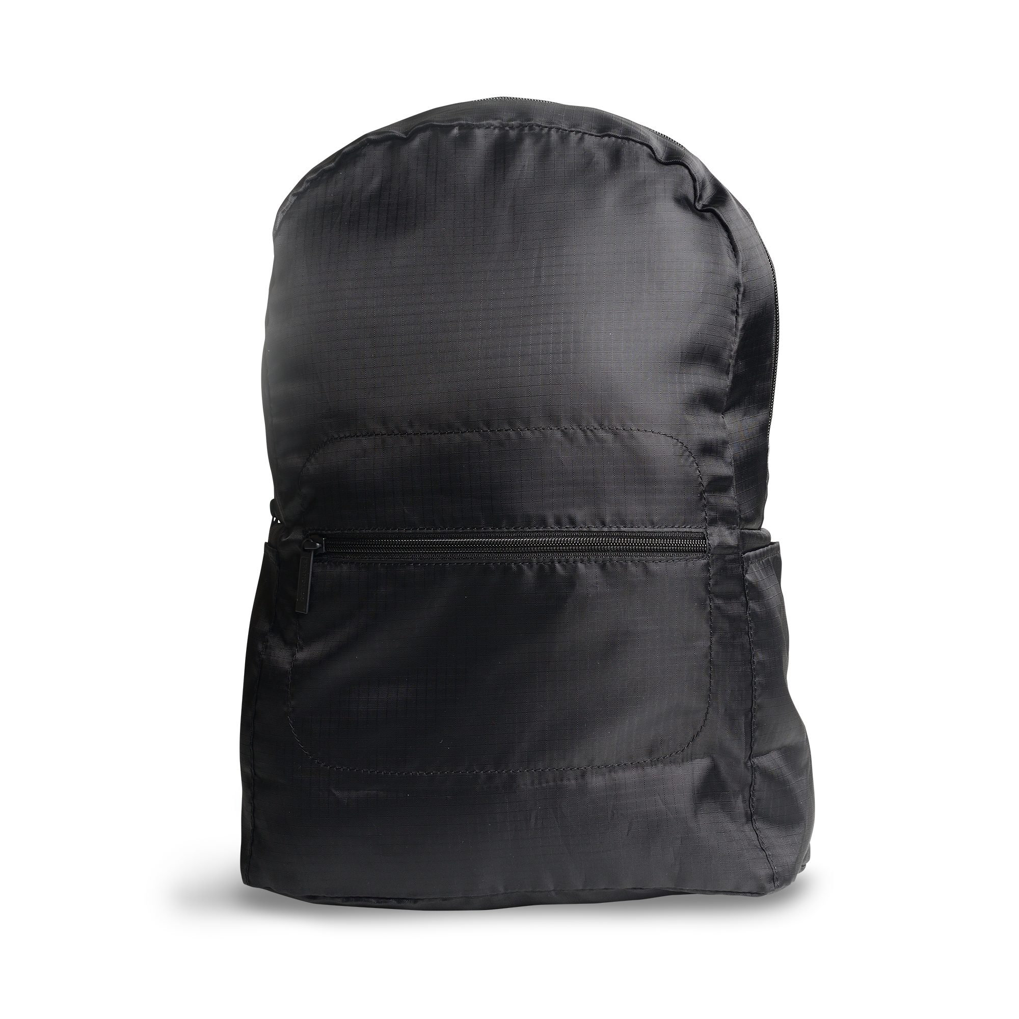 Foldable backpack, front, black. Showing front zipper compartment and side pouch.