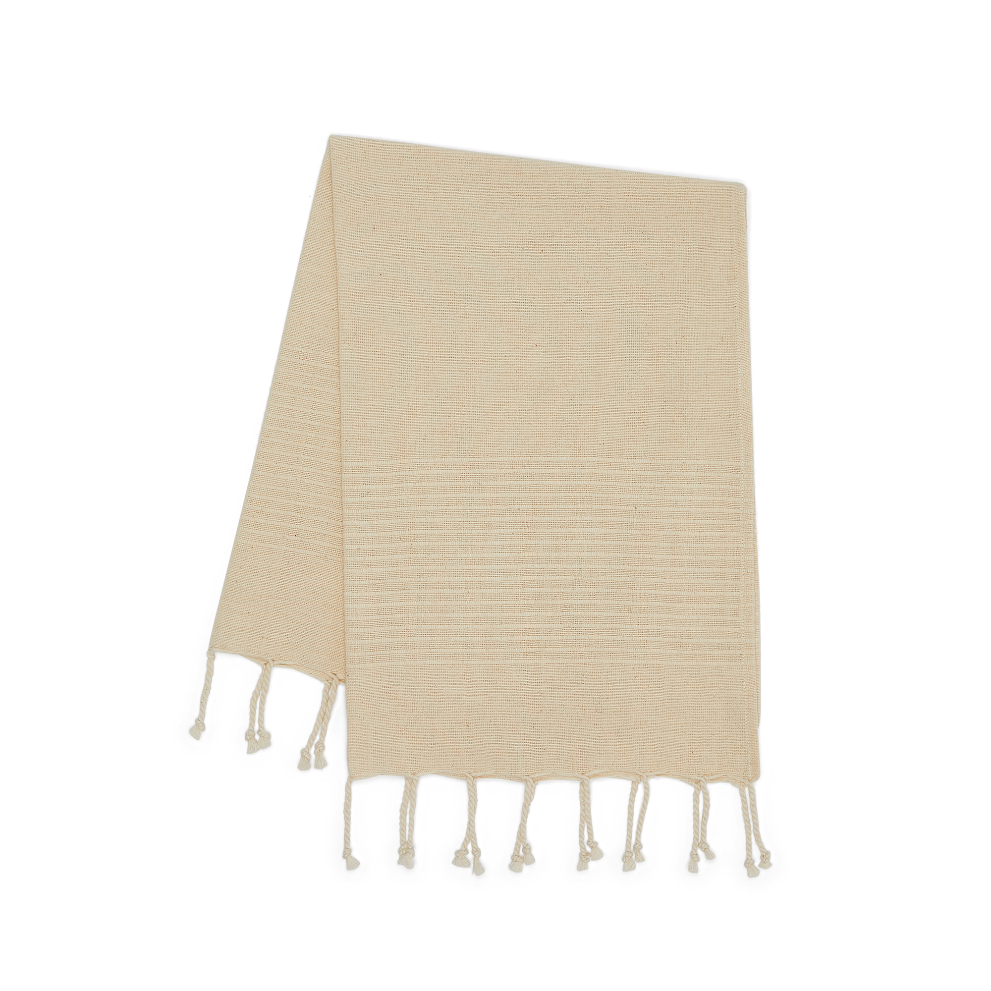 Product photo, showing organic cotton towel in it's natural color with edge fringing.
