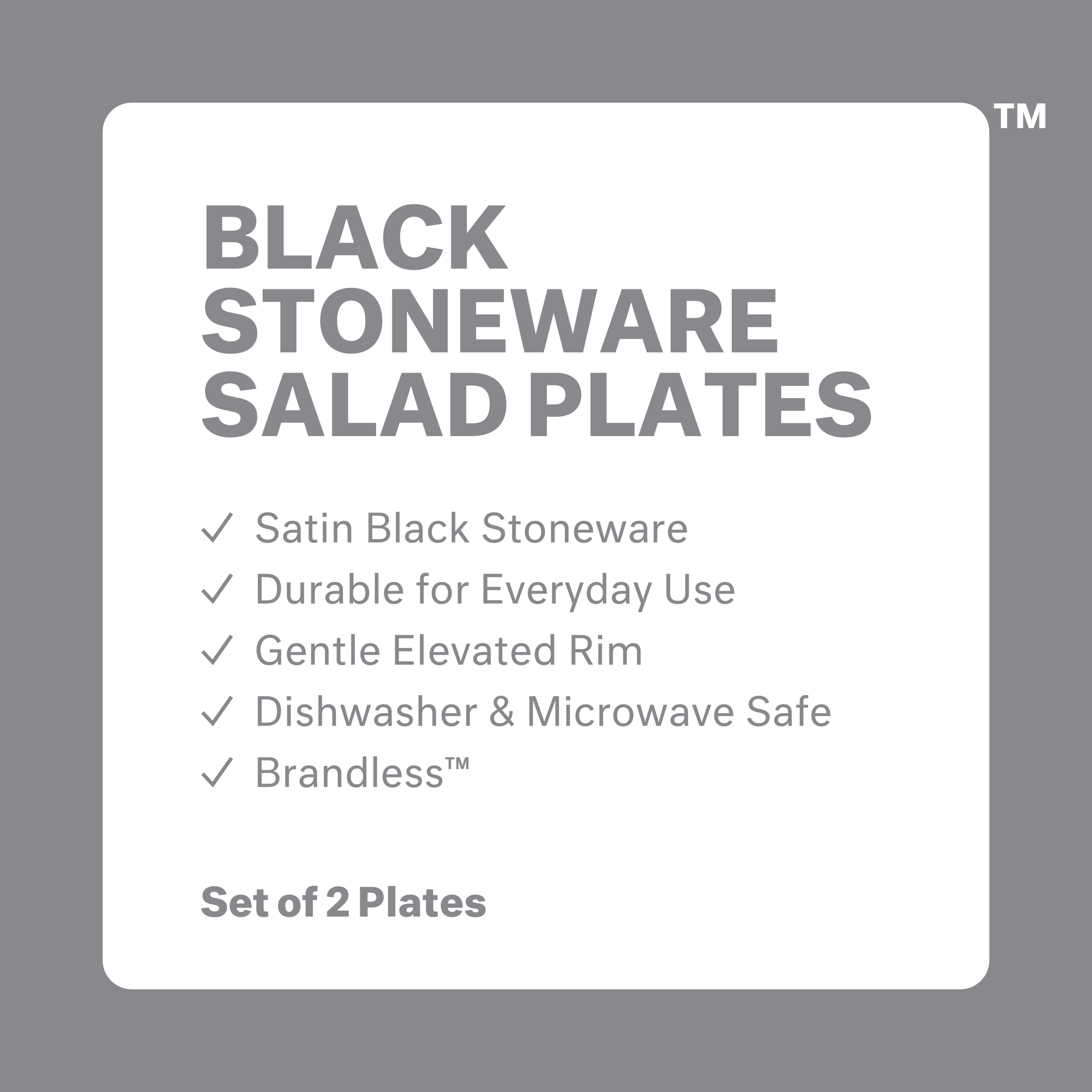 Product photo, black stonware salad plate flat and one upright showing the size and rim curvature of the plates.