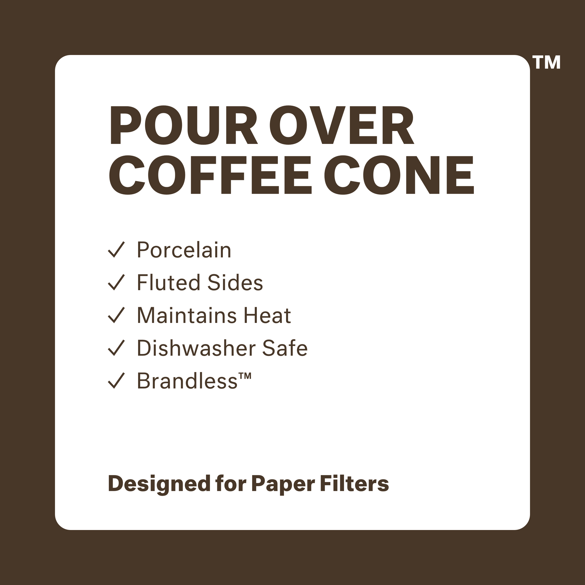 Front view, brandless white porcelain pour-over cofee cone. Includes fluted interior surface and, handle, and no-splash heat-keeping cup lid