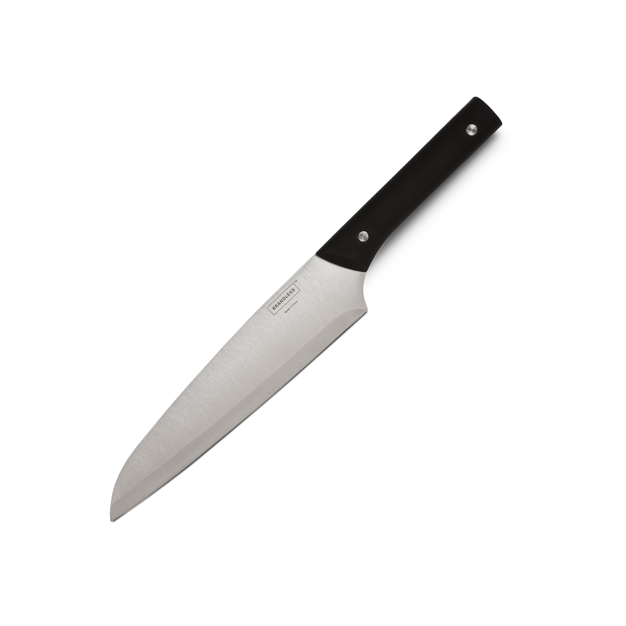 Product photo, 8 inch chef's knife with black riveted handle.