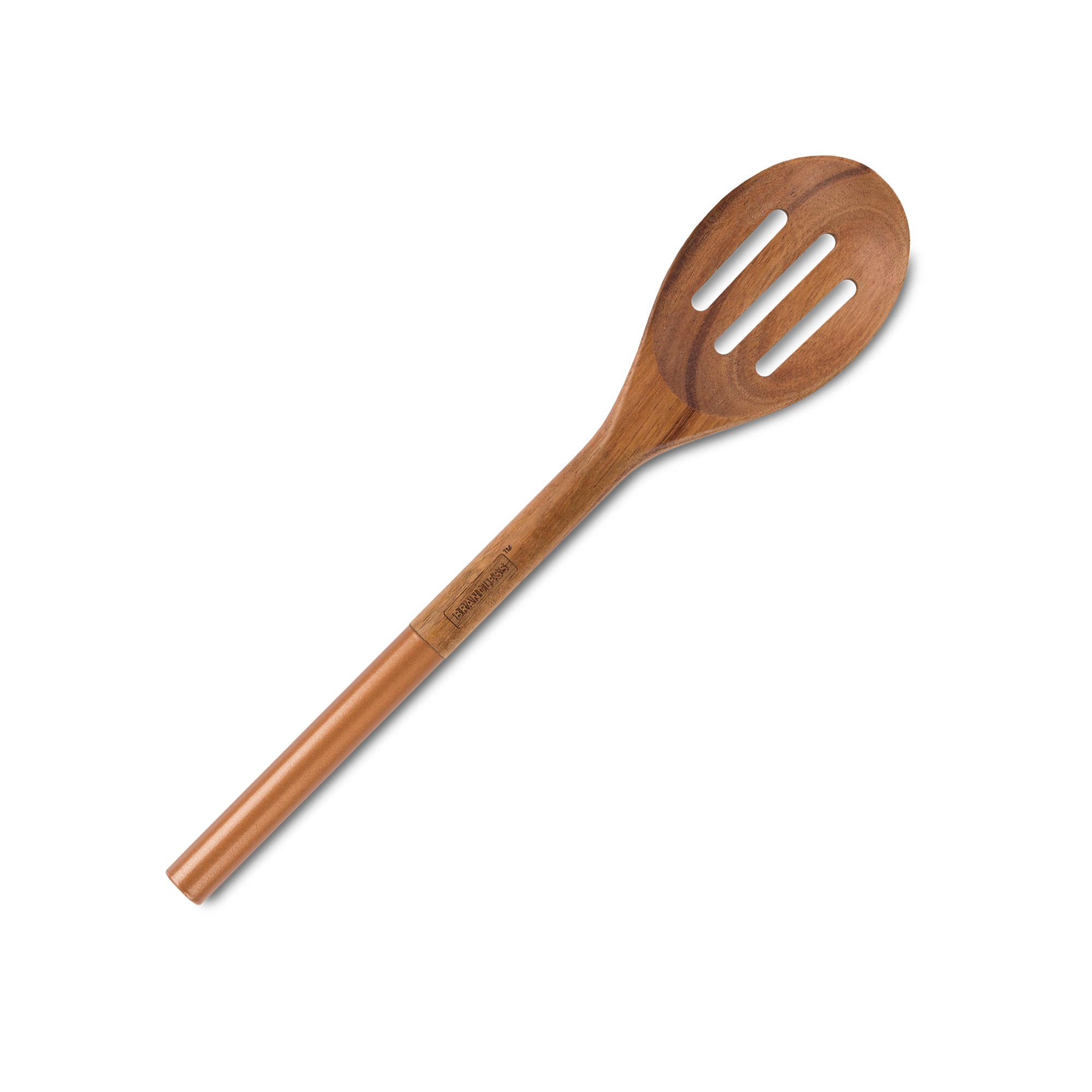 Product photo, acacia wood slotted serving spoon with copper color handle cap.