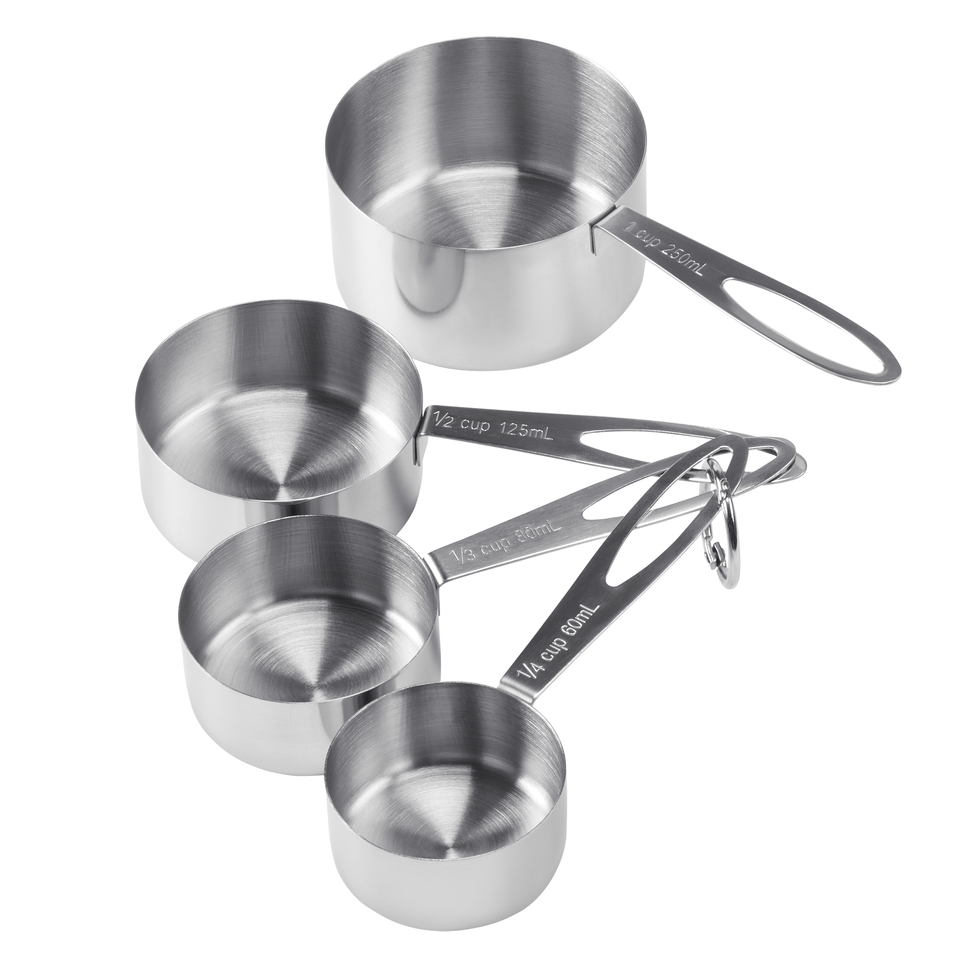 Product photo, showing all four sizes of stainless steel measuring cups.
