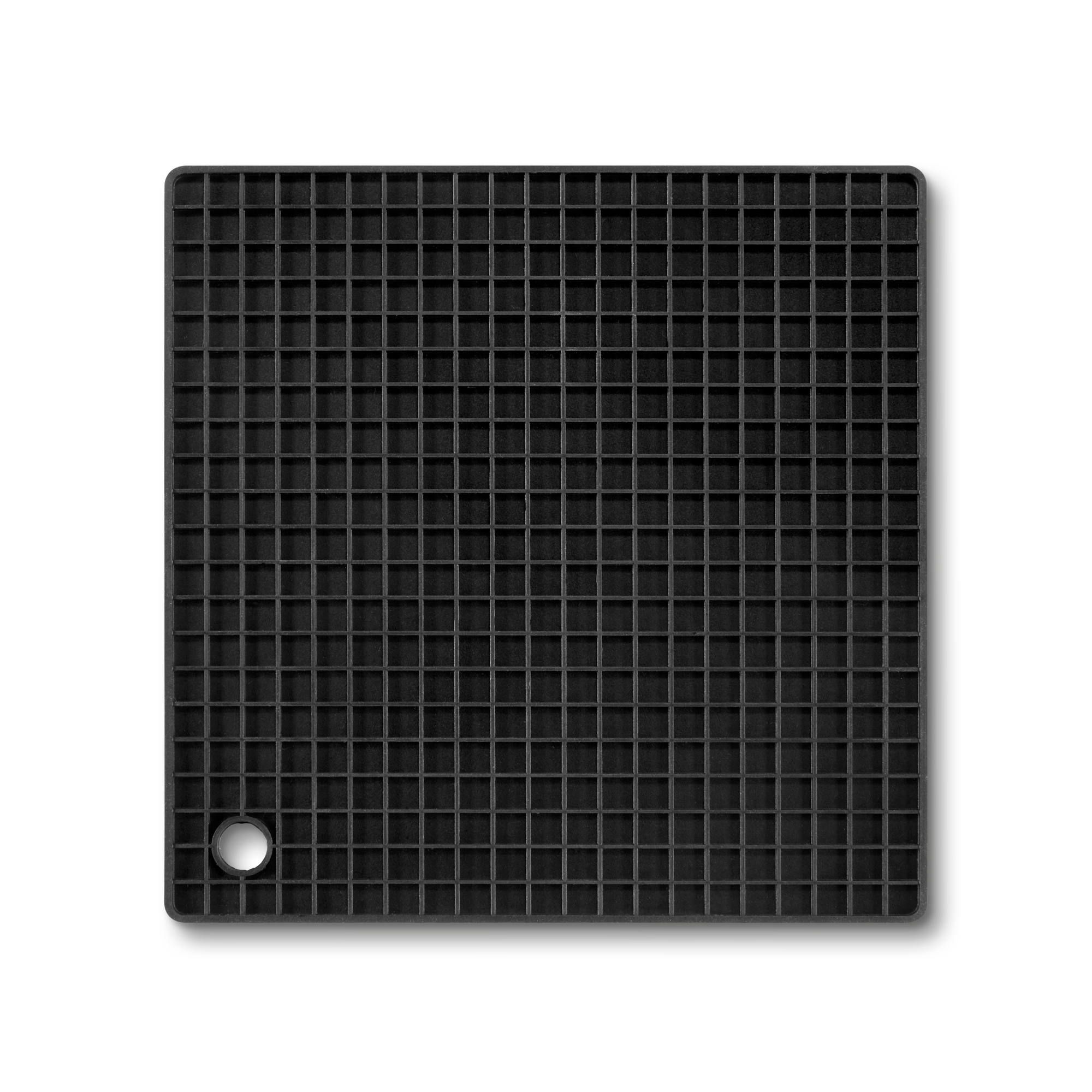 3/4 view, black silicone trivet showing grid pattern and hanging hole.