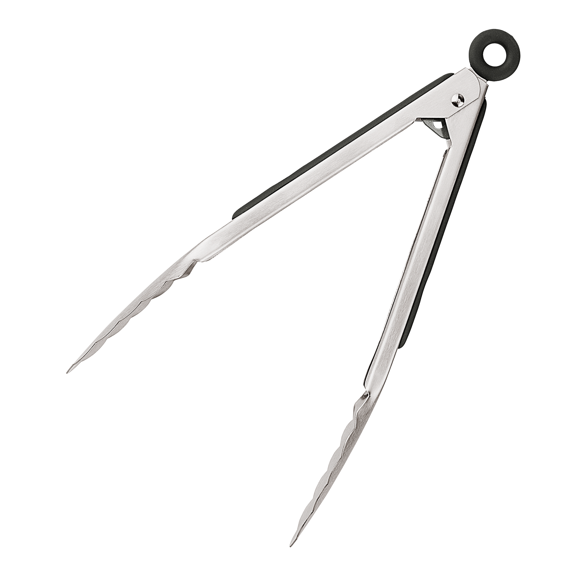 Product photo, side view, 9 inch stainless steel tongs in their open position.