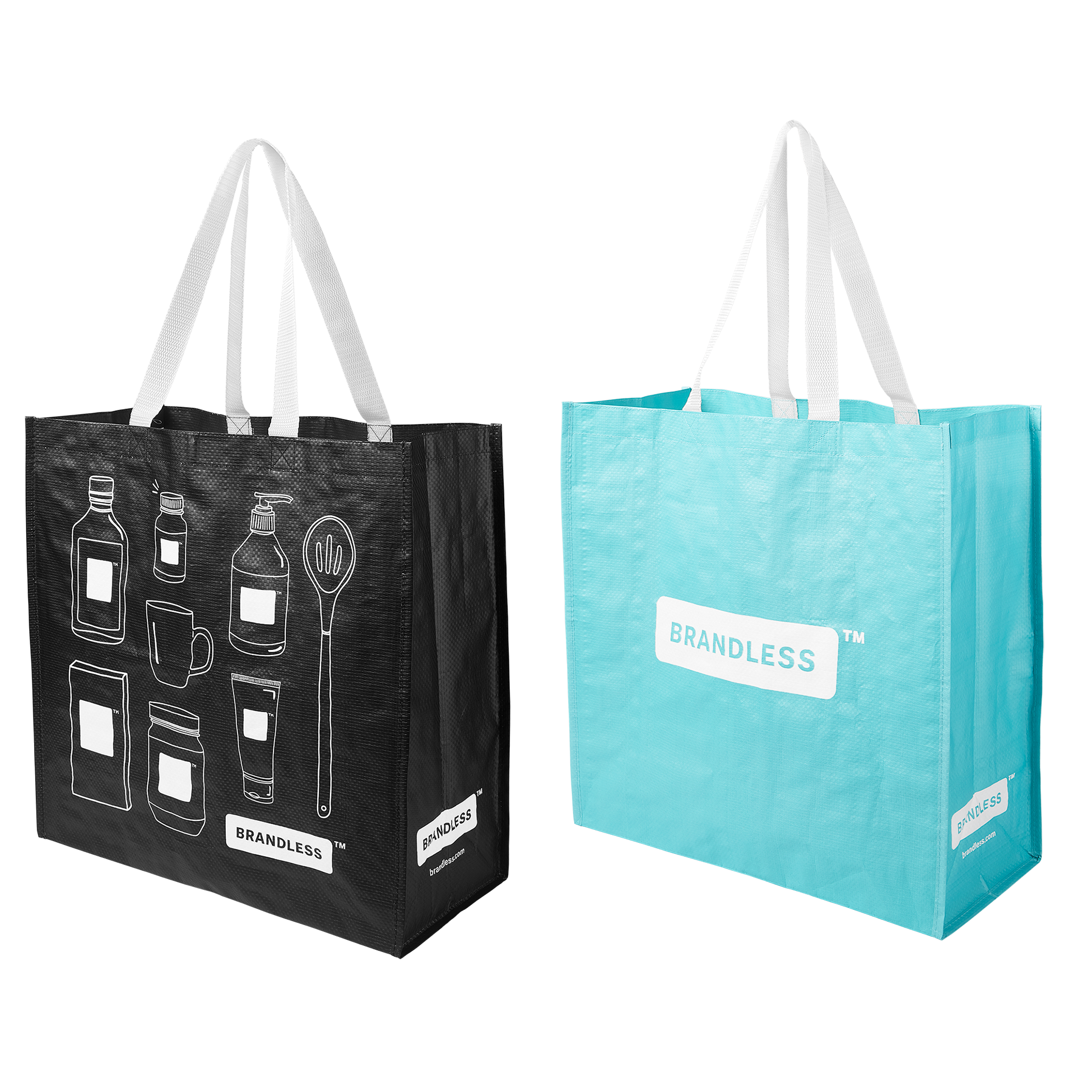 Set of two reusable tote bags. One is black with white line art of various kitchen and personal care items.  The other bag is teal with a central Brandless logo.  Both bags have white handles and logos on the short end of the bag.
