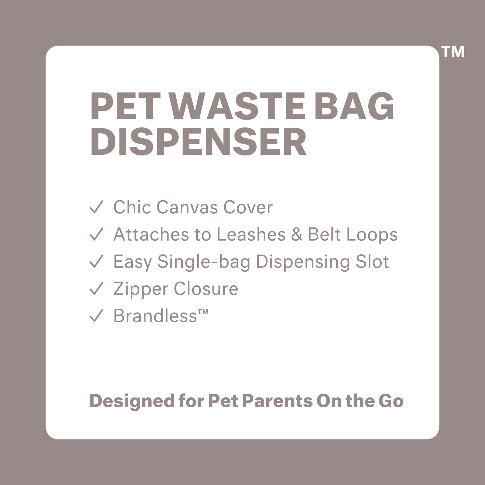 Front view, pet wastebag dispenser with zipper, velcro strap, and displensing opening showing dog waste bags ready to pull out.