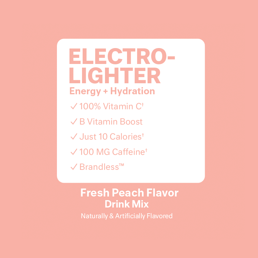 Electro-Llighter Energy + Hydration. 100% Vitamin C. B Vitamin Boost. 10 Calories. 100mg Caffeine. Brandless. Fresh Peach Flavor Drink Mix. Natural and artificial flavors. Dietary Supplement. 5.5g per serving | 30 servings. Front of pouch and two single serving stick packs.