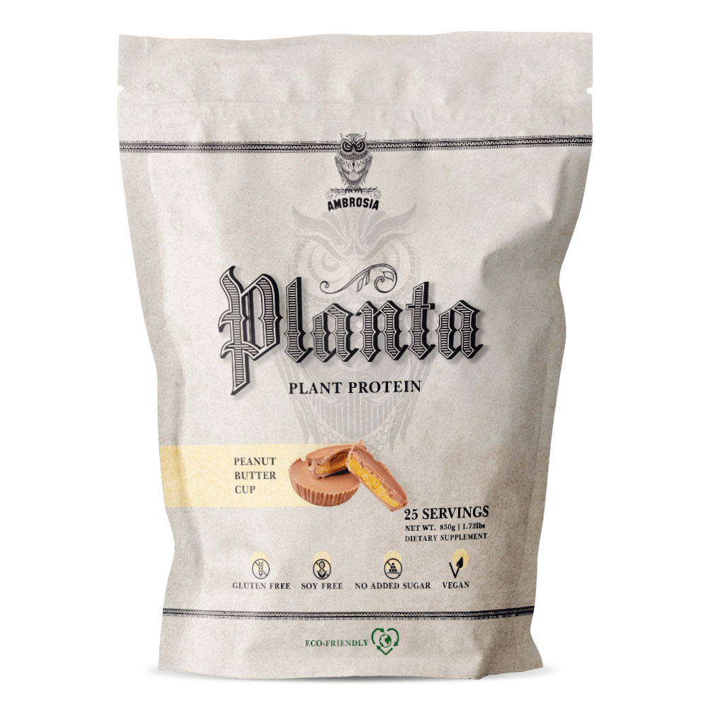Peanut Butter Cup Planta, 25 servings. Net weight 775g, 1.71lbs.. Dietary Supplement. Gluten Free, soy free, no added sugar, vegan, eco-friendly.
