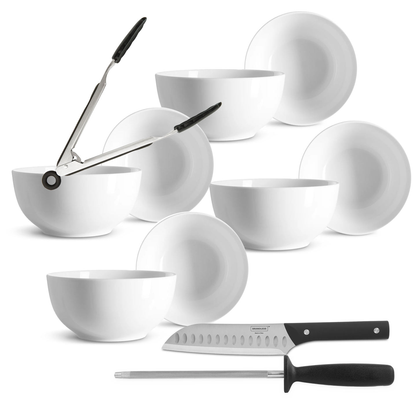 Bundle items, 8 ramen bowls, santoku knife, honing steel, and 9 inch silicone tongs