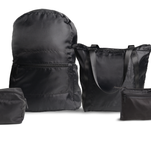 Bundle image. Foldable backpack, foldable tote, travel pouch, and travel organizer. All four items in matching black.